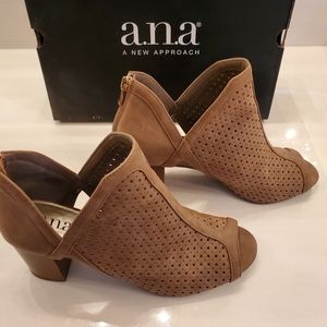 Tan open toe booties